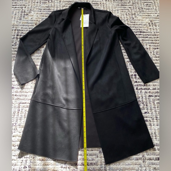 Zara Faux Suede Long Sleeve Long Open Blazer Coat Black Size S BNWT - Picture 3 of 3